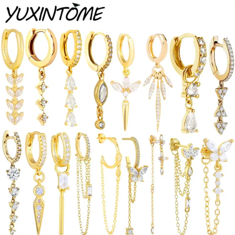 

YUXINTOME 925 Sterling Silver Ear Needle vertical Crystal zircon Pendant Chain Hoop Earrings for women Fashion Wedding Jewelry