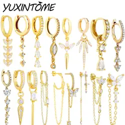 YUXINTOME 925 Sterling Silver Ear Needle vertical Crystal zircon Pendant Chain Hoop Earrings for women Fashion Wedding Jewelry