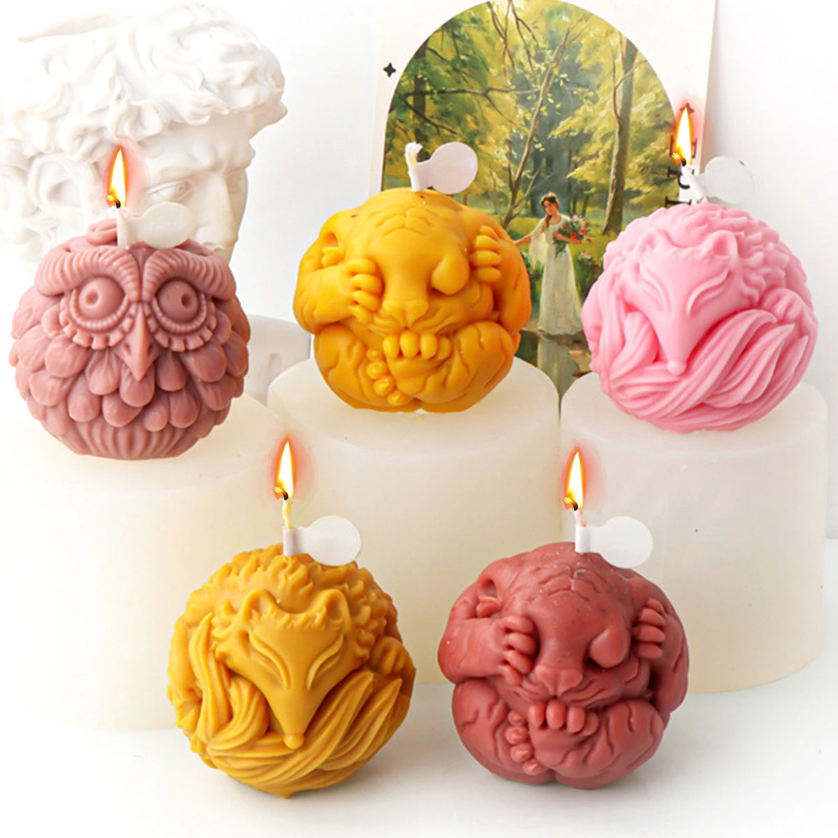 Creative Emulation Animal Candle Silicone Mould Curl Up Tiger Owl DIY Soap Plaster Mold Sleeping Fox Ice Ball Chocolate Making