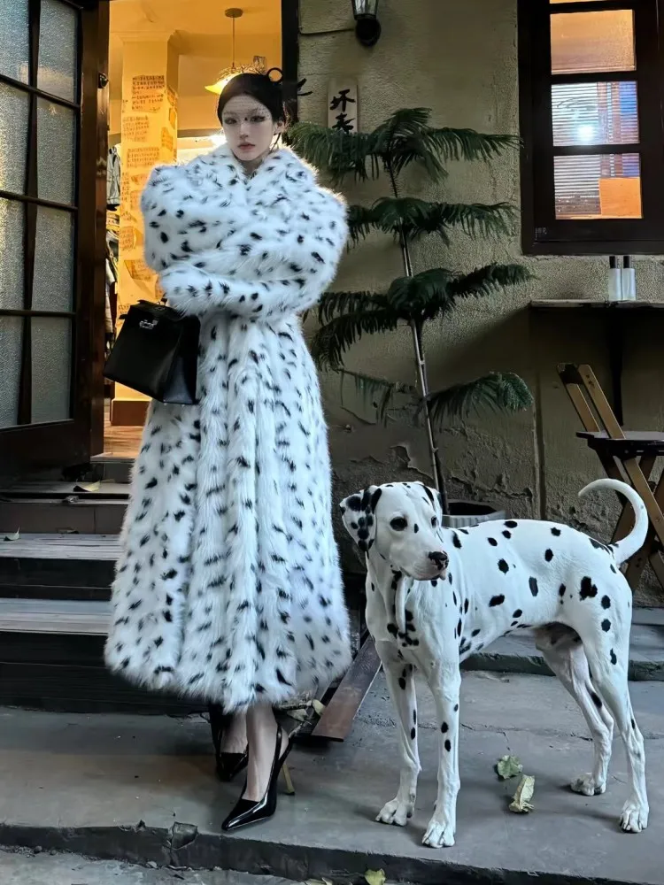 Leopard Print Environmental Protection Fur Coat Women Winter New Luxury Fashion Long Sleeve Warm White Lace-up Fox Fur Jackets