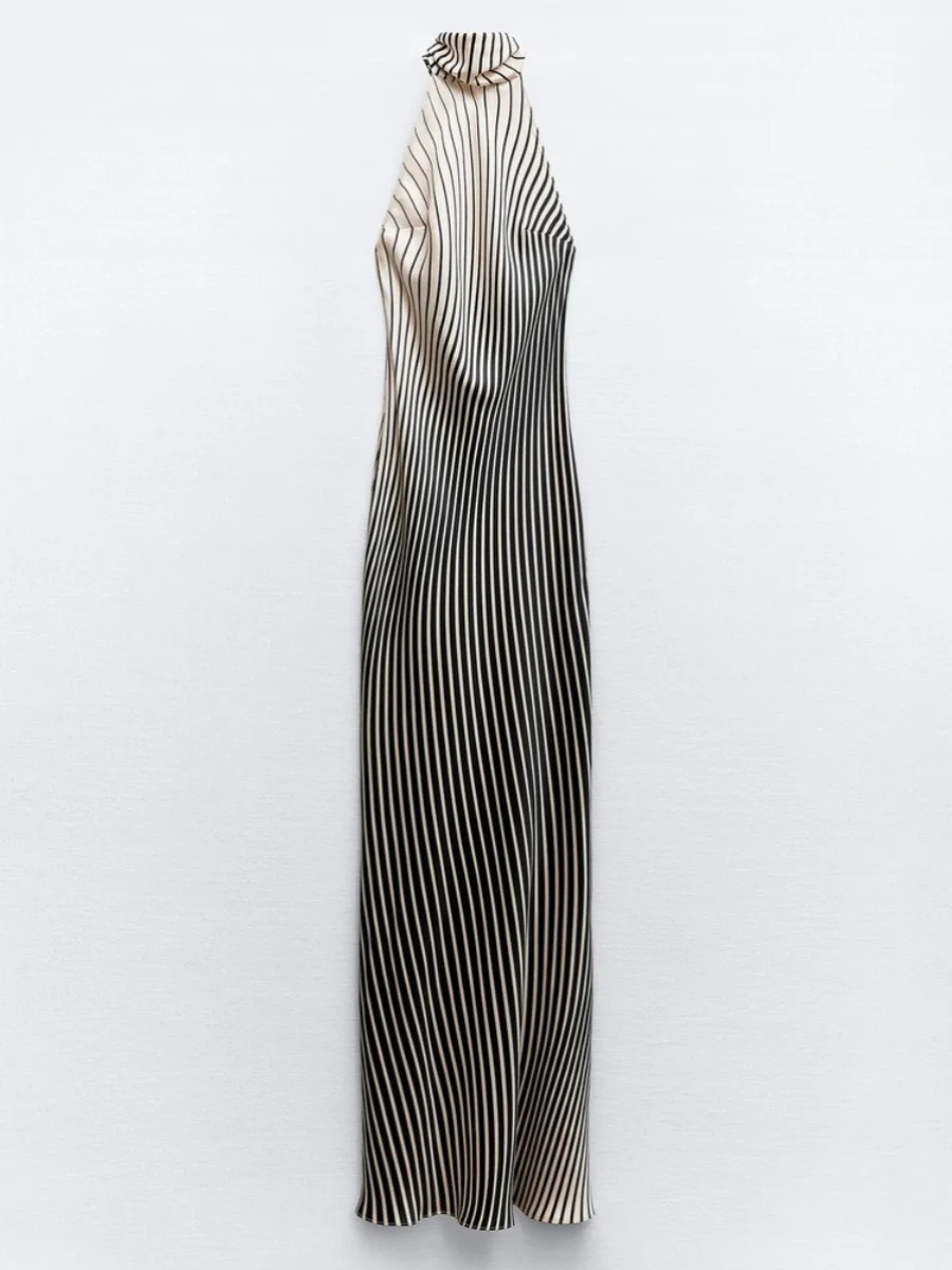 Zomer Nieuwe vrouwen Losse oulder Zijde Satijn Streep Casual Dr Hoge Taille Lange Sve ronde Ne H-ape pendelen Sle Dr