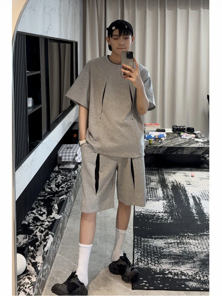 

Повседневный мужской летний спортивный костюм с декоративными заклепками, шорты и футболка из смесового полиэстера и хлопка, подростковый размер