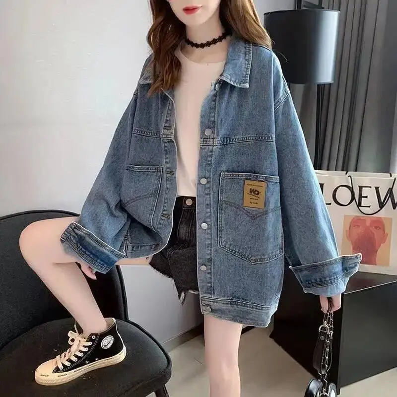 

2025 Spring Autumn New Arrival Korean Style Loose Fit Denim Blazer Medium Length Plus Size Women's Trendy Jacket
