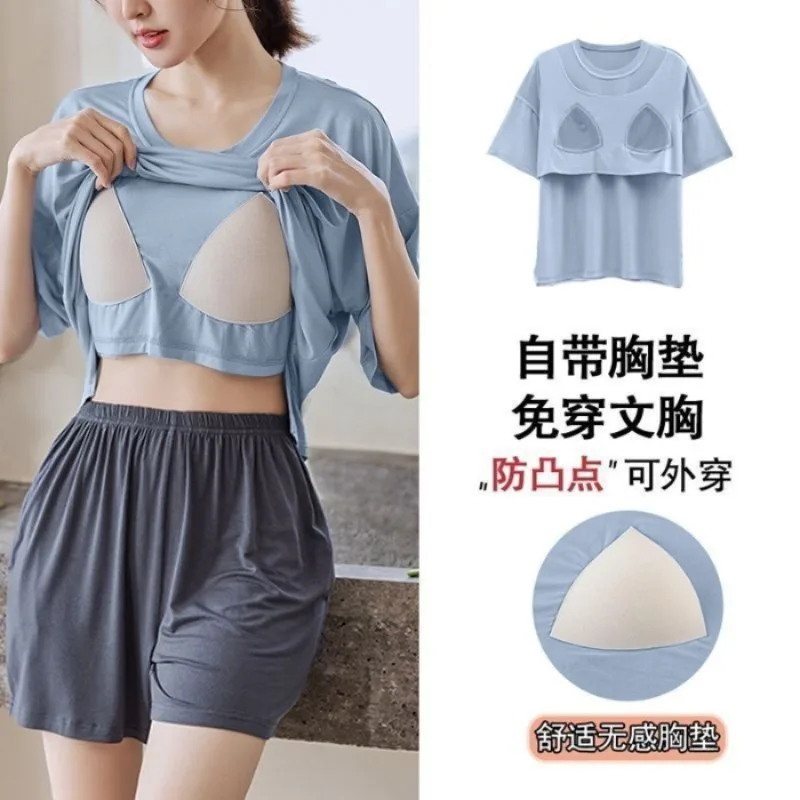 Plus Size Summer Women\'s Pajama Set Chest Pad Short Sleeve Tops and Shorts Popular Live Broadcast Homewear Outside Loungewear