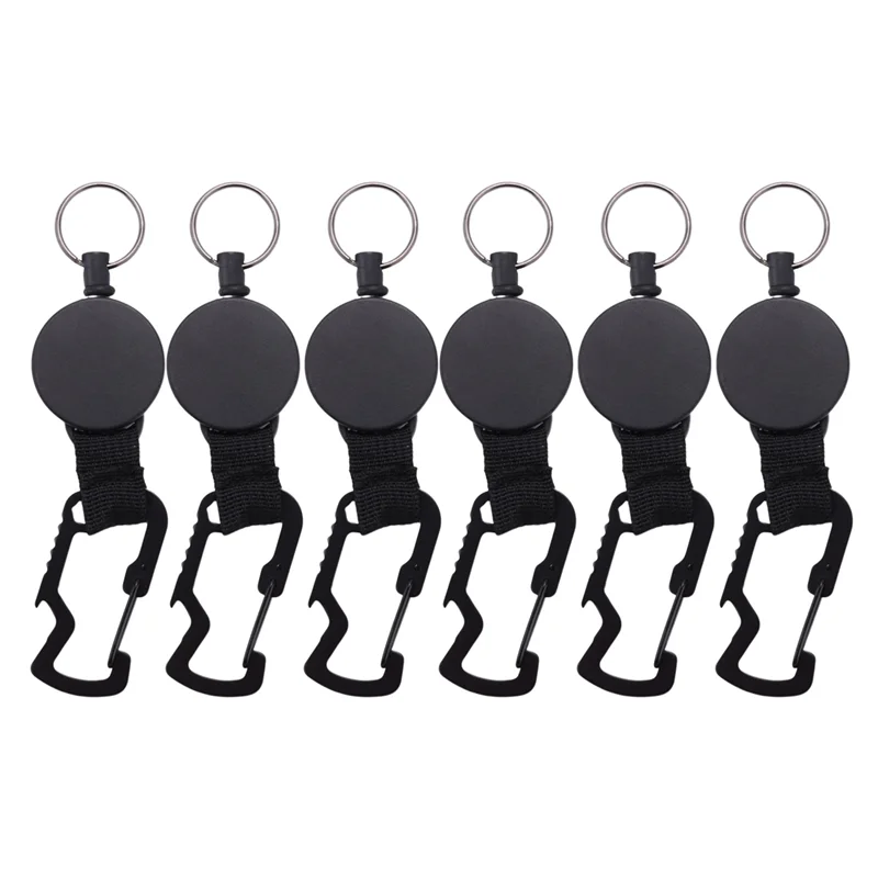 Täglicher 6er-Pack einziehbarer Schlüsselanhänger – robuste Ausweishalterrolle mit Multitool-Karabiner-Clip, bis zu 25 Zoll, Schwarz