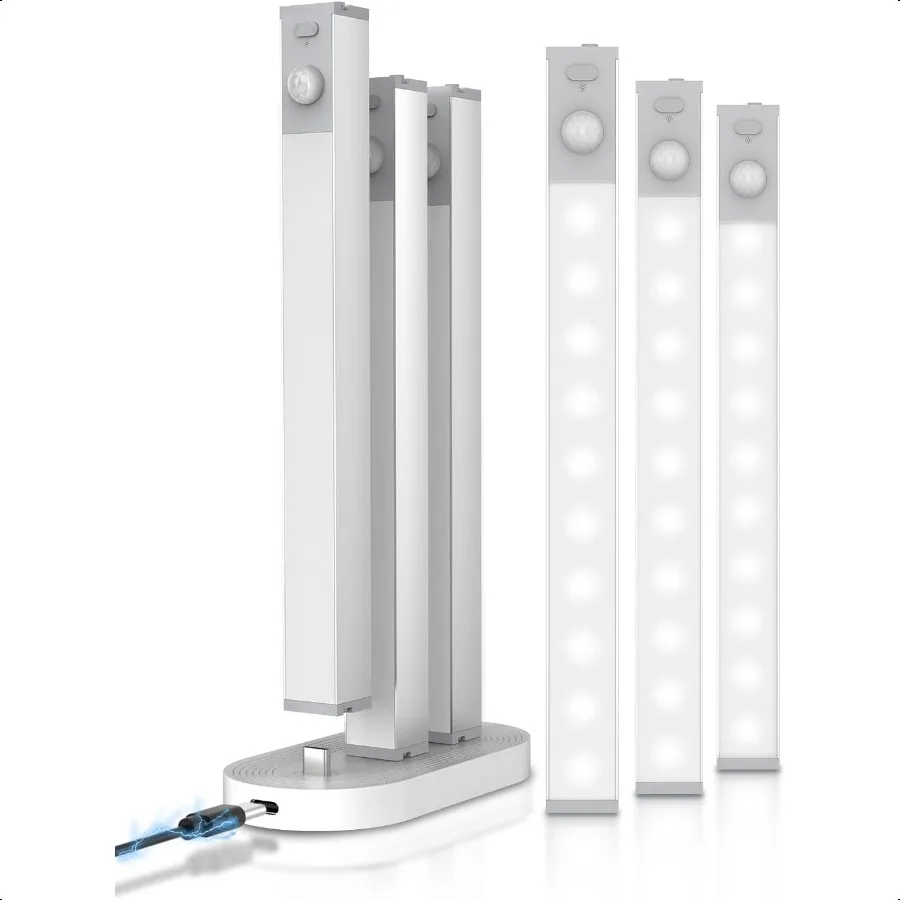 6パックLEDアンダーキャビネットライト、充電ステーション付きワイヤレス、7つの充電式モーションセンサーライト、屋内調光可能なクローゼットライト
