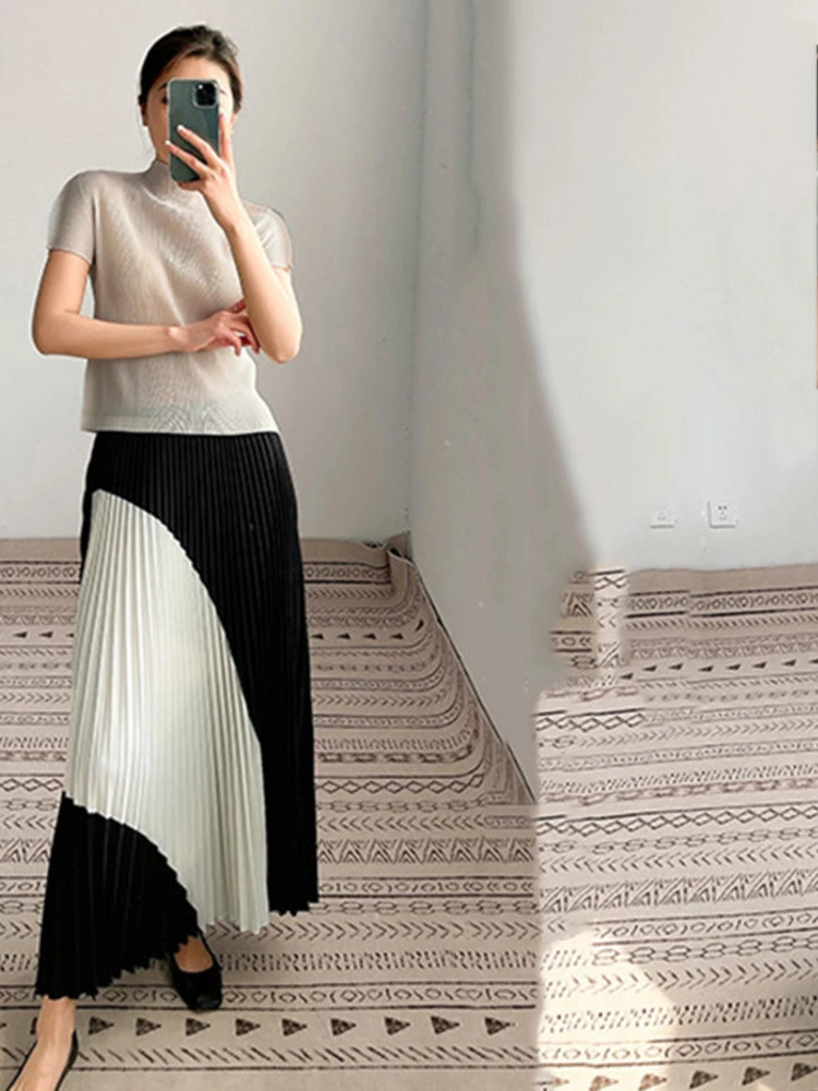 LANMREM Pleated Loose Skirts For Womem Color Block High Elastic Waist Irregular Elegant Skirt Female Elegant Clothing 2D1573