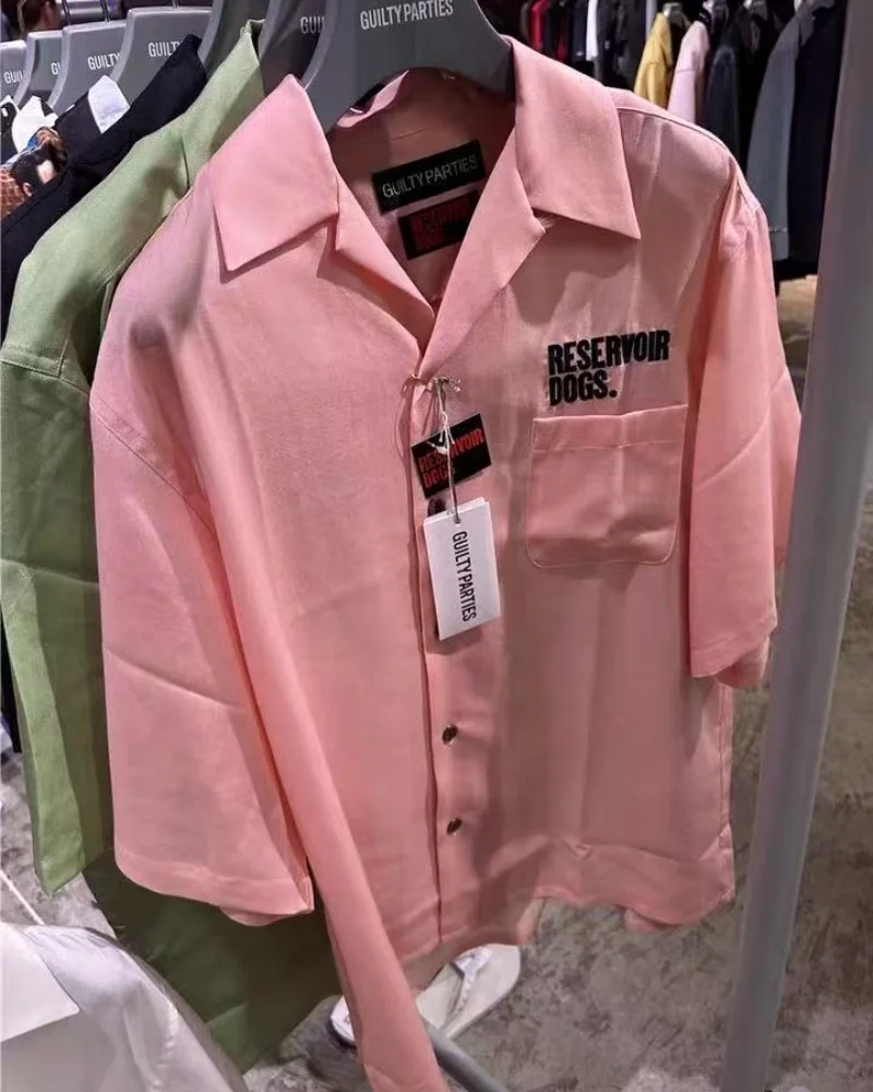 Pink WACKO MAIRA Slogan Letters Embroidery Hawaiian Short Sleeve Shirt 1:1 Best Quality Summer Loose Mens Womens Flip Neck Tops