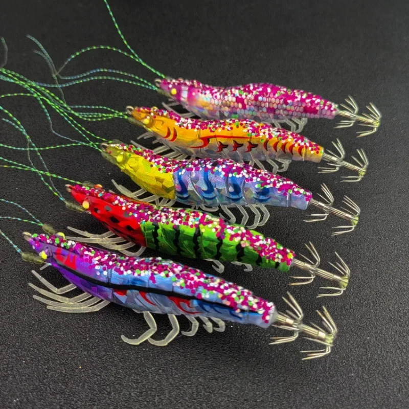 5pcs Squid Jig Lure Set Egi Flying Squid Bait Real Wooden Shrimp Laser Rattle Horizontal Jig for Saltwater Night Fishing Tackle - Detail Angle #02