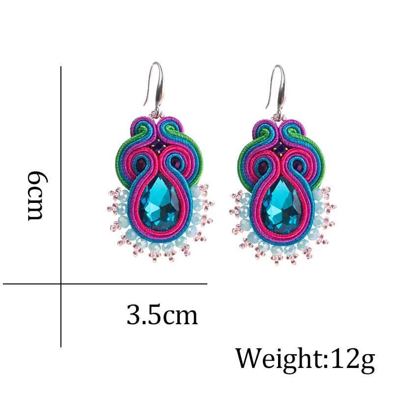 Fashion Handmade jewelry Soutache earrings for women Ethnic boho Hook Dangle earring Colorful Crystal earring Pretty New trend