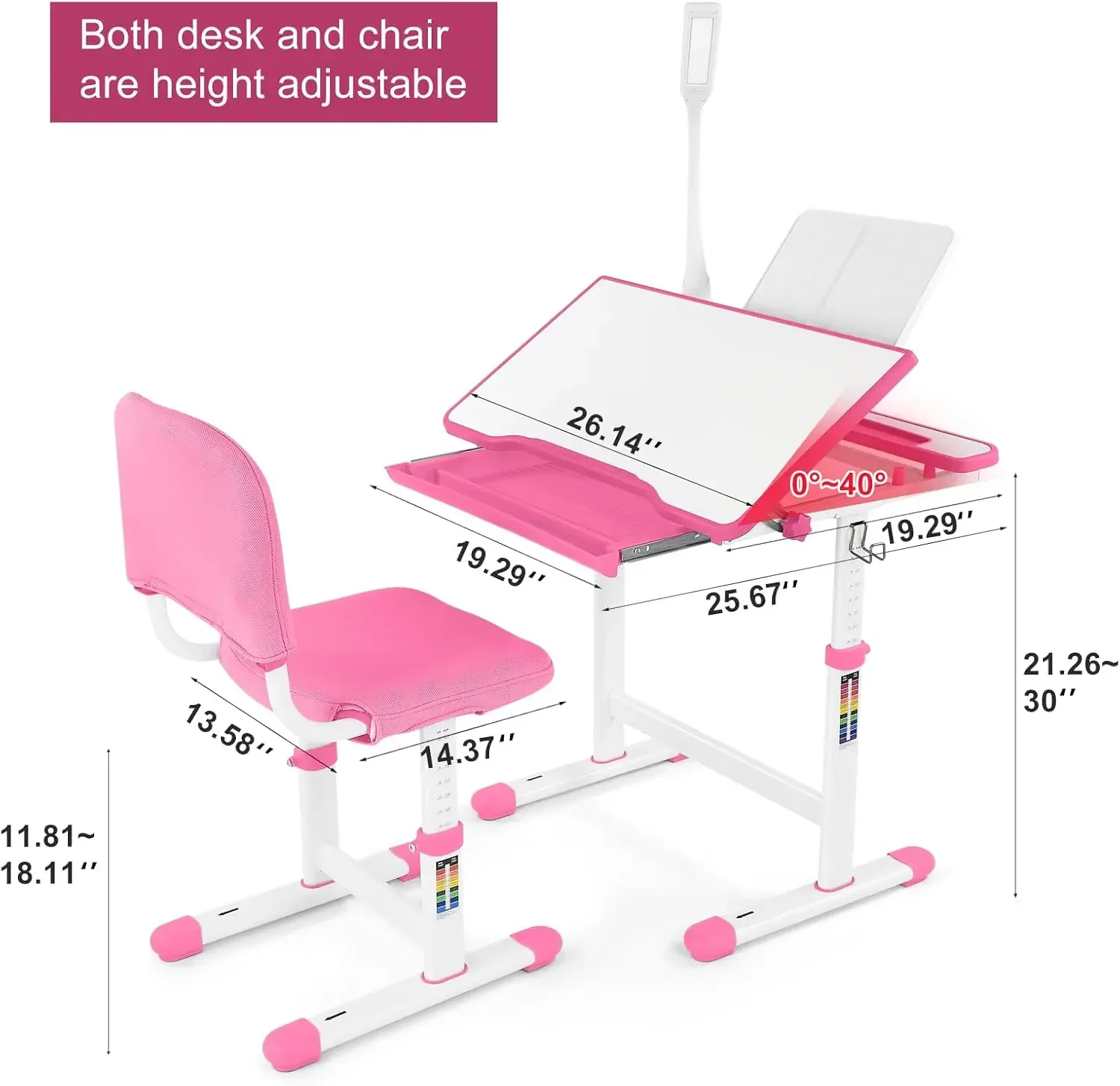 Kids Study Table and Chair Set,Adjustable Girls School Writing Study Table,with Large Writing Board LED Pull Out Drawer Pencil