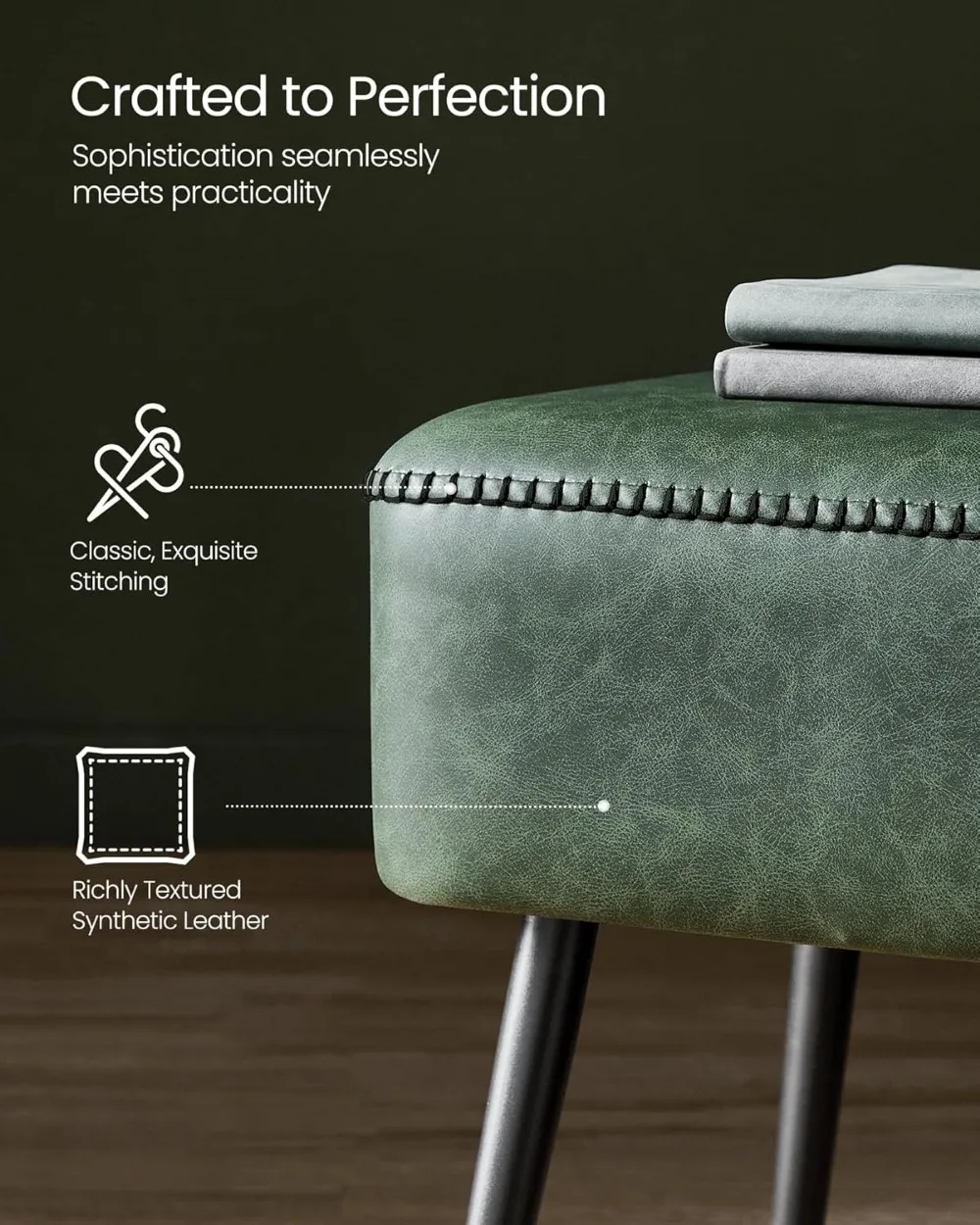 Mid-Century Modern Ottoman Bench, Synthetic Leather with Stitching, Steel Legs, Holds 660 lb, Forest Green for Living Room