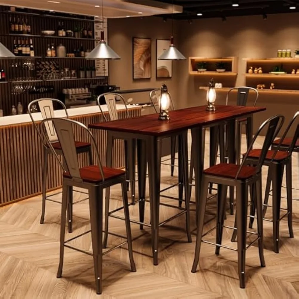 Conjunto de mesa e cadeiras bistrô de 2, conjunto de mesa e cadeiras de bar com tampo de olmo sólido e estrutura de metal, mesa e cadeiras de pub conjunto de 2 para