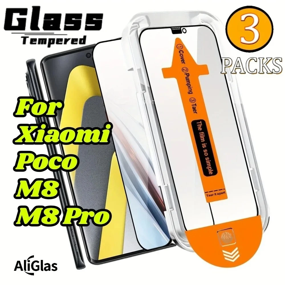 3 Stück One-Click-Film-Applikator aus gehärtetem Glas für Xiaomi Poco M8 Pro HD glänzender Displayschutz für Xiaomi Poco M8 Films