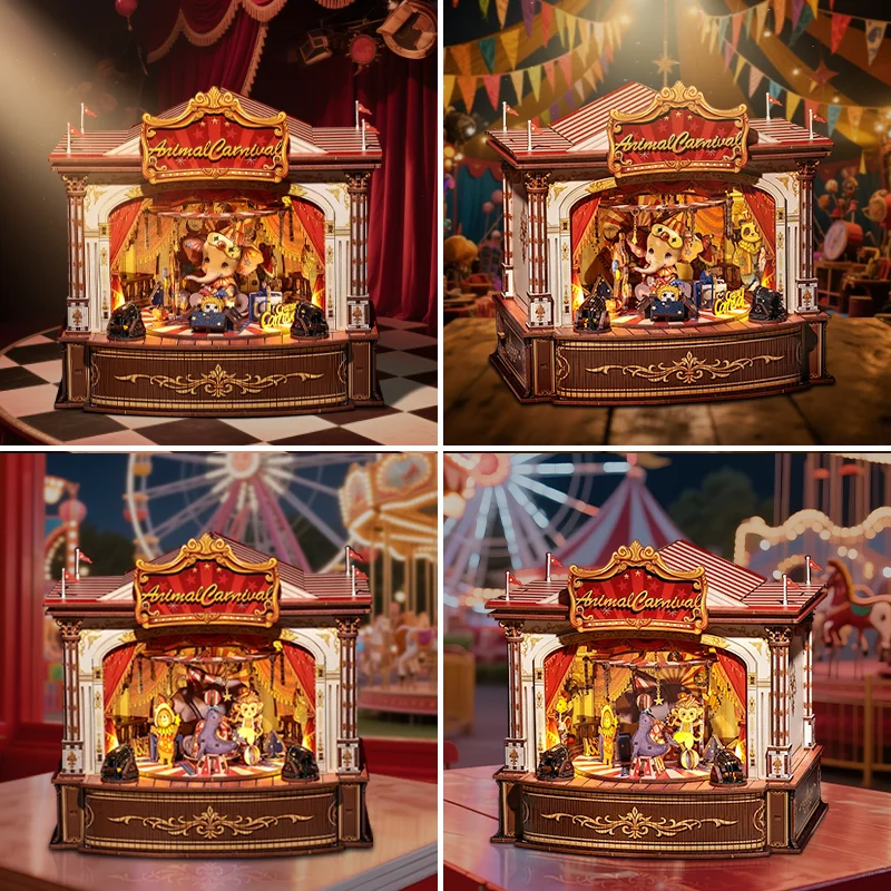 CUTEBEE DIY Miniatur-Haus-Set, Spieluhr aus Holz, handgefertigt, Puppenhaus, Tier, Karneval, für Bücherregal, Einsatz, Heimdekoration