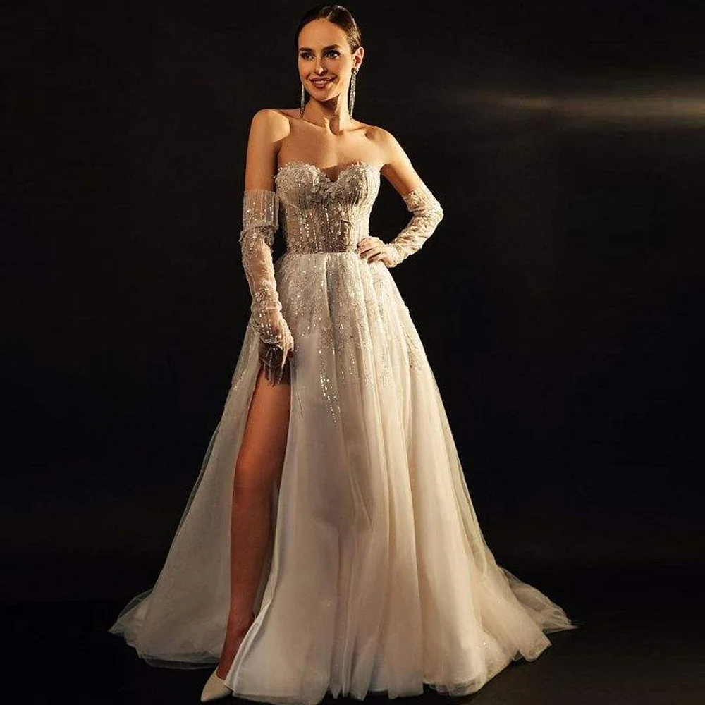 

YCJ Strapless Wedding Dresses Sweetheart Neck A Line Bridal Grown Front High Slit Sequined Applique Customized Vestidos De Novia