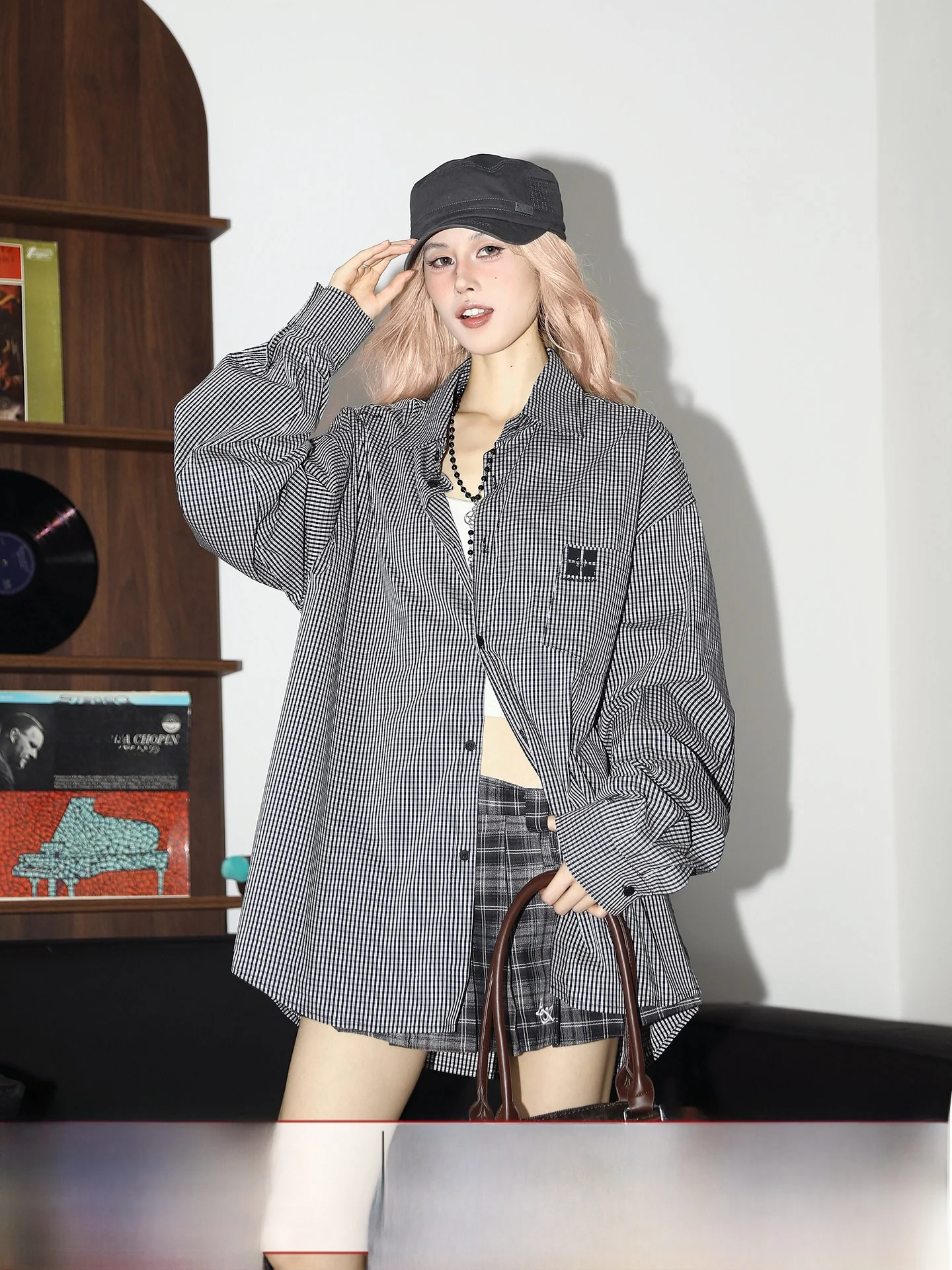 

Chic American Retro Plaid Long Sve irt Women's Sle Spring Autumn High Sensation Ele Top by Himslon