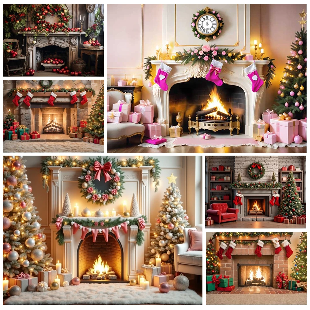 

MOON.QG Christmas New Year Backgrounds For Photographs Gifts Glitter Fireplace Backdrops Photography Photo Studio Decorations