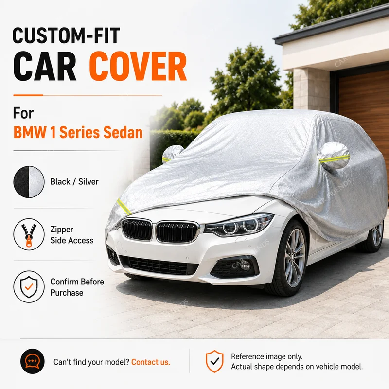 For BMW 1 Series Sedan Custom Fit Full Car Cover Silver-Coated Oxford Fabric Side Zipper Access UV Protection Outdoor Parking