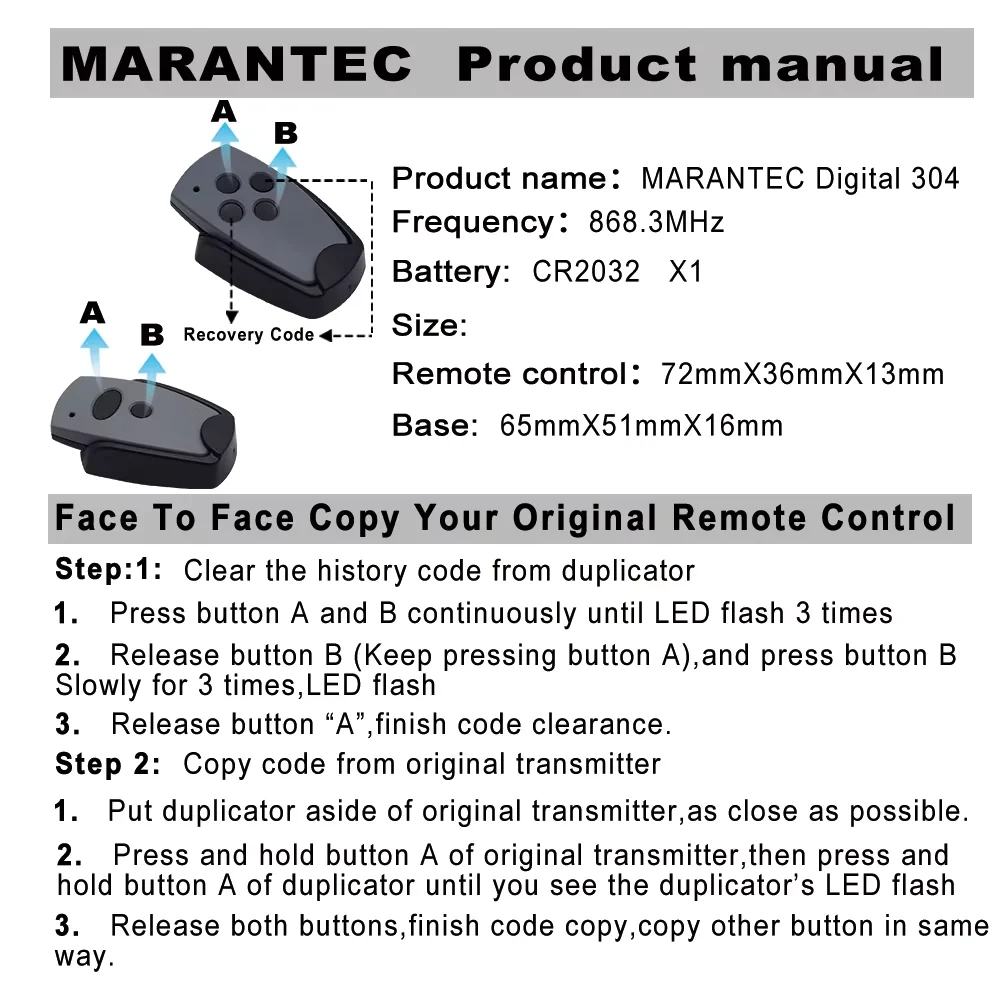 Marentec 868mhz Clone Garage Door Remote Marantec  For Digital D302 D304 D313  D323 D382 D384 Controller Transmitter