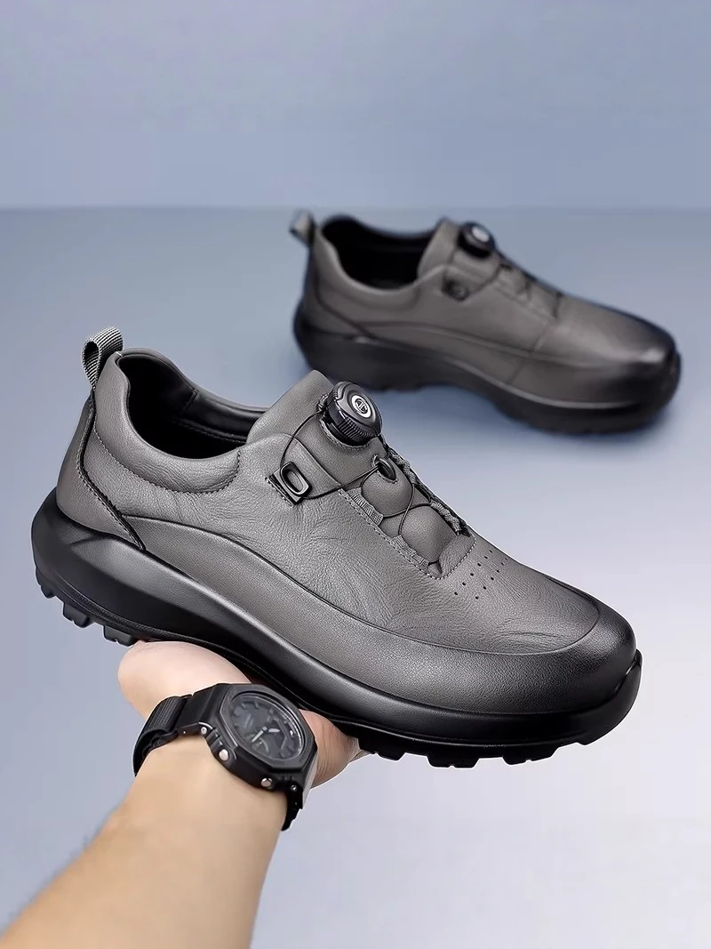 Pure Black Men's Shoes 2026 New Autumn No-Tie Leather Surface Commuter Casual Sports Shoes round Toe Anti-Slip Breathable Wat...