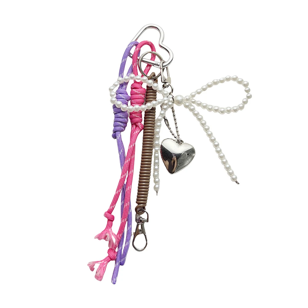 Colorful Hand Woven Ropes Korean Sweet Bowknot Keychain Bag Pendant Imitate Pearl Car Keyring Metal Heart Braided Strap