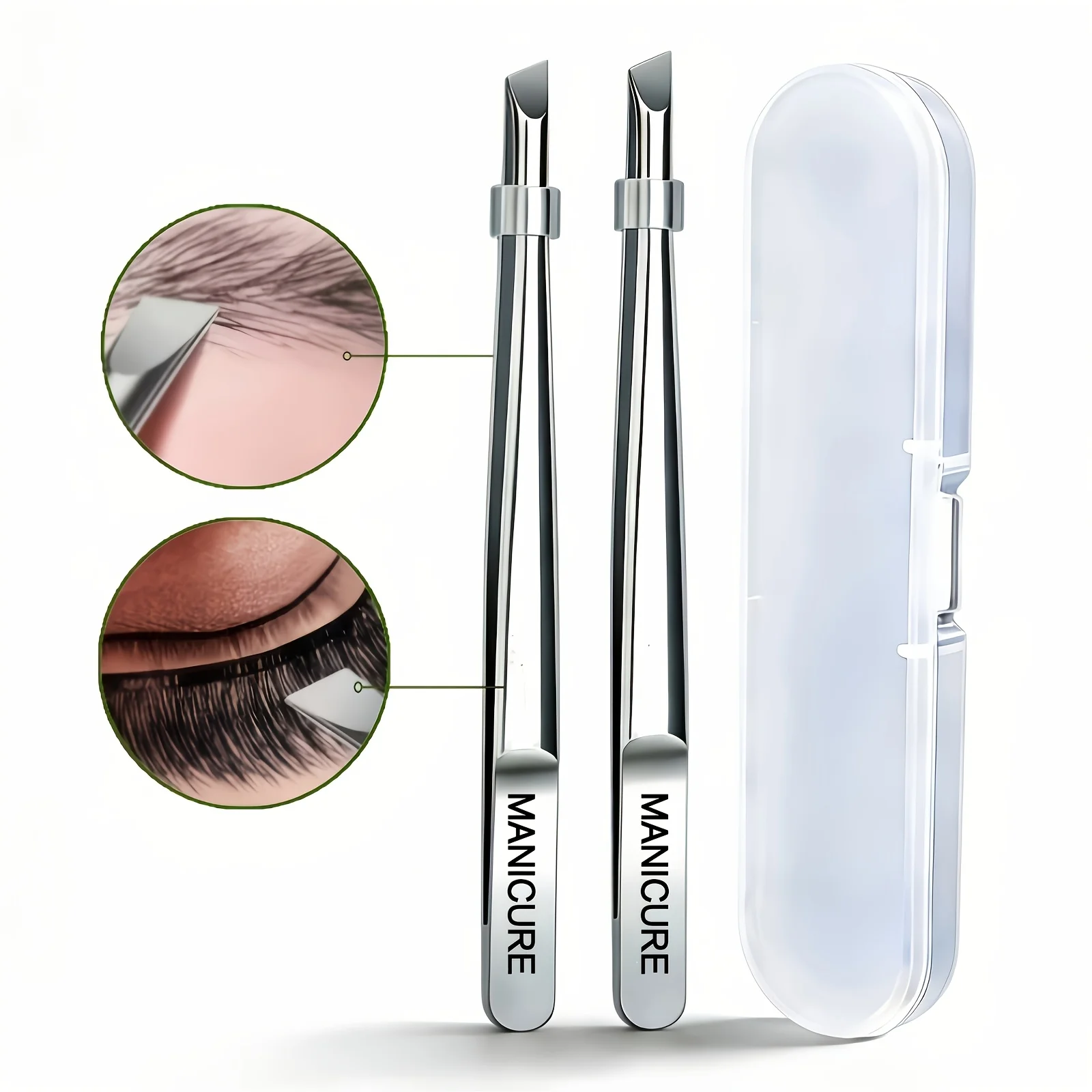 Conjunto de 2 pinças de aço inoxidável com caixa, pinça inclinada para sobrancelhas, pinça para depilação de barba e aparar sobrancelhas, ferramenta de beleza portátil