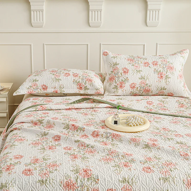3-Piece Quilted Bedspread Set Floral Printed 100% Cotton Quilt Queen Size 1PC Lightweight Coverlet All Season Bedding
