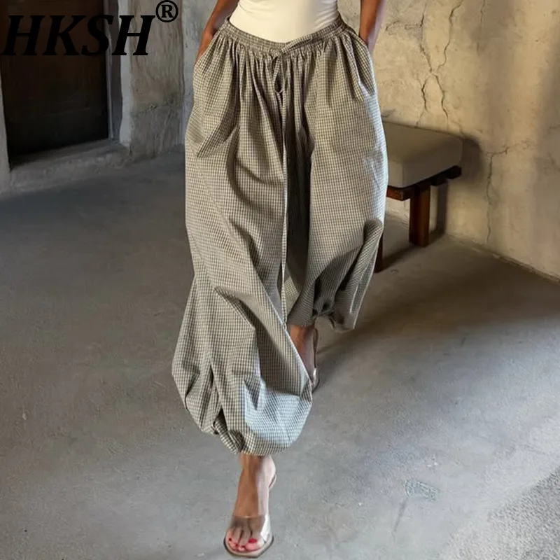 

HKSH весна осень новые женские шаровары на шнурке с эластичной резинкой на талии плиссированные клетчатые универсальные трендовые уличные повседневные брюки HK14616