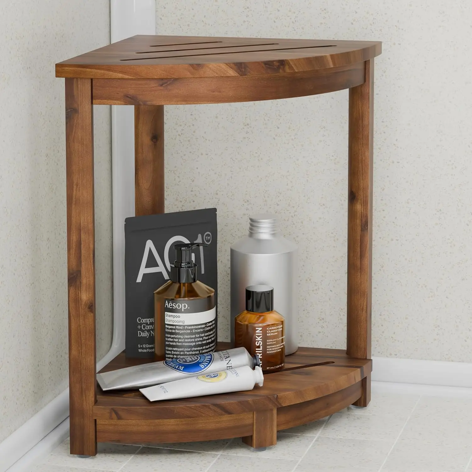 

Угловая душевая скамья из дерева акации с полкой, отделка из орехового дерева, высота 18 дюймов, вместимость 150 фунтов