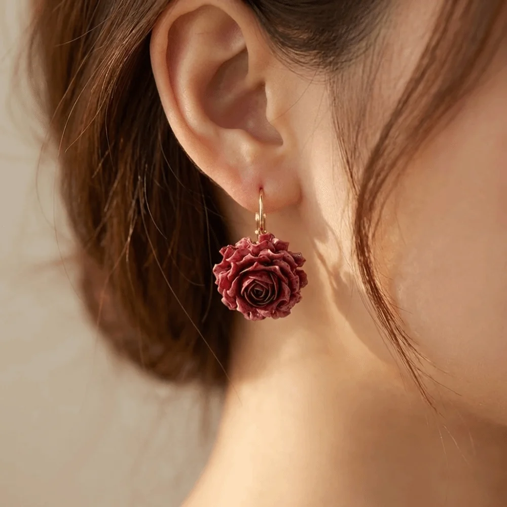 Sweet Artificial Rose Earrings Resin Retro Preserved Flower Earrings Delicate Craftsmanship Unique Romantic Ear Hooks Daily Wear