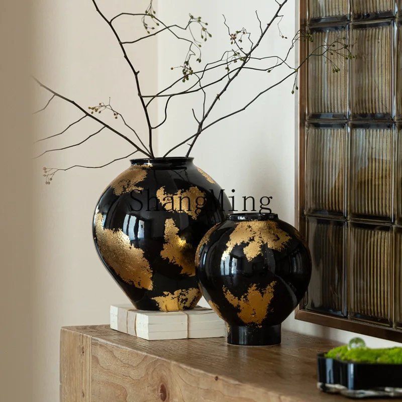 

CL medieval handmade gold foil ceramic retro pottery pot large vase big belly round flower ware soft decoration ornament