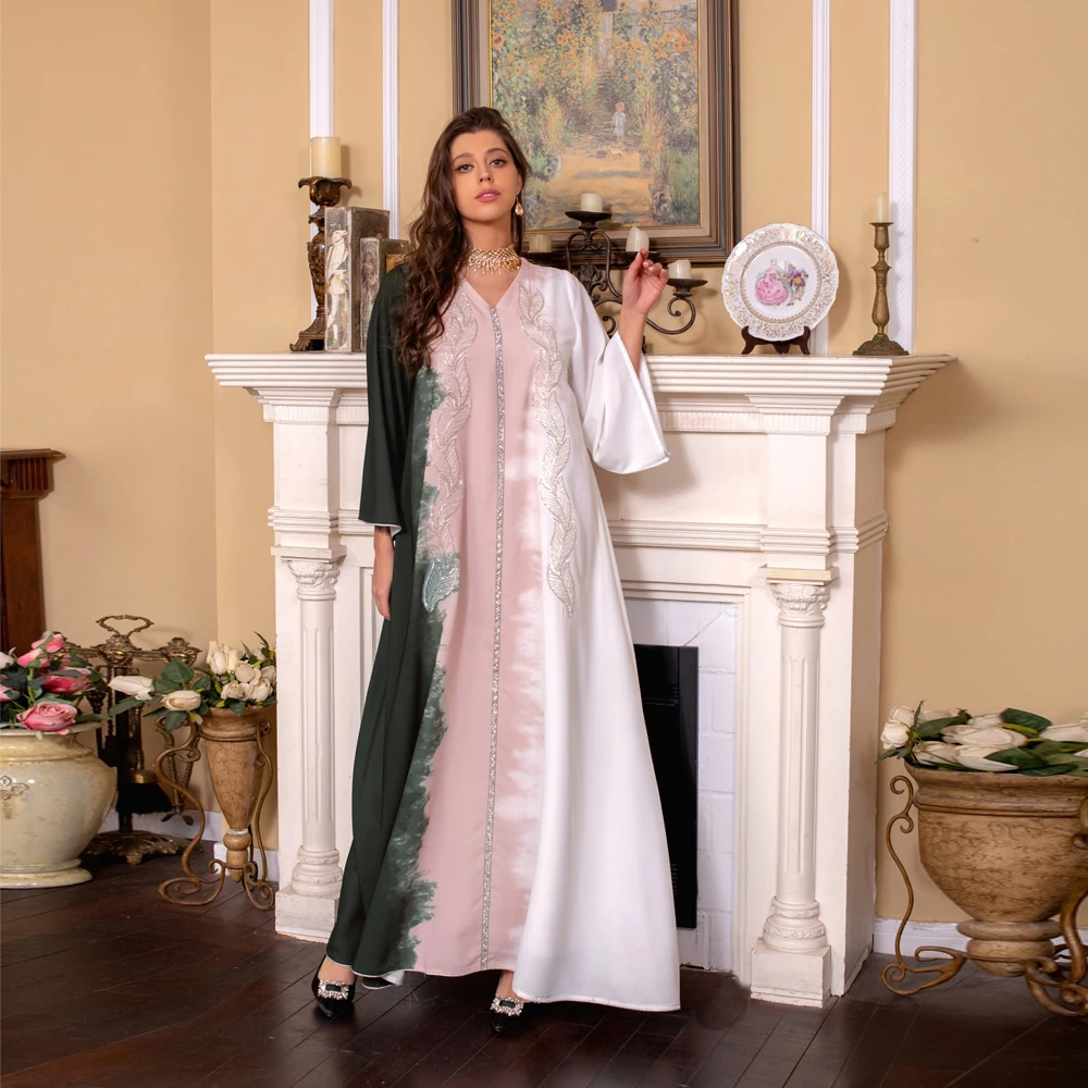 Eid Muslim Morocco Dress for Women Abaya Jalabiya Diamond V Neck Party Dresses Dubai Abayas Kaftan Islam Vestidos Arab Robe 2023