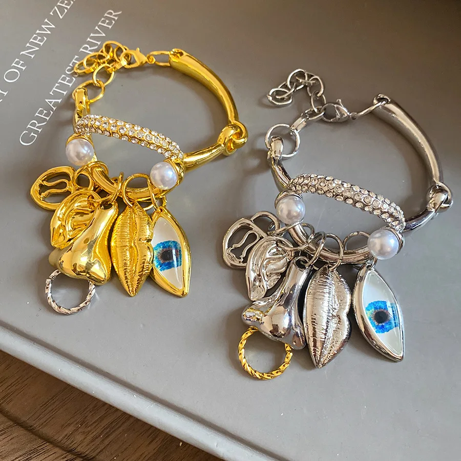 

Золотые, серебряные браслеты с металлической цепочкой и кисточками с глазами, носом, месяцем, панк-браслеты с элементами лица