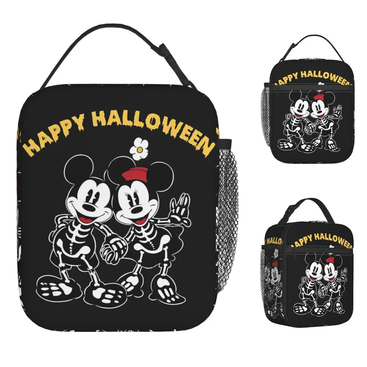 Bolsa de almuerzo con esqueleto de feliz Halloween para niños, fiambrera de Mickey y Minnie, bolsa refrigeradora informal para oficina, bolsa impermeable para comida