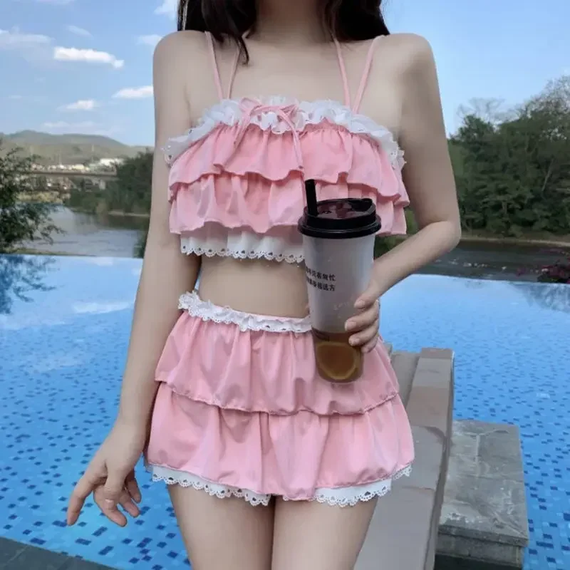 Bikini Sets Women Kawaii Girlish Leisure Beachwear Patchwork Sexy Ruffles Japan Style Summer Students Young Stylish Chic Mujer