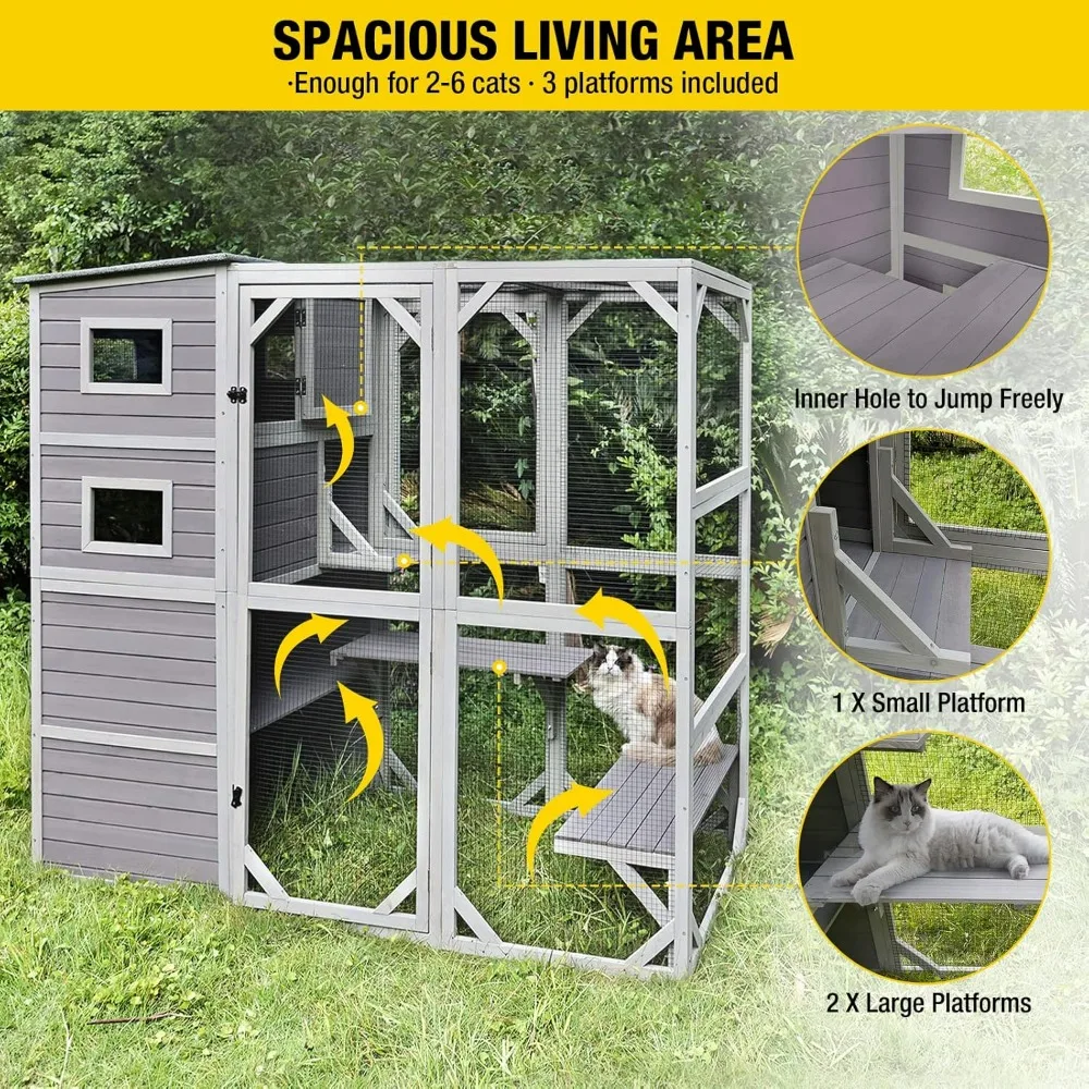 Cat House, 4 Tiers Cat Enclosures House for Outdoor Indoor Cats with Weatherproof Roof, 3 Resting Rooms, 3 Platforms, 5 Windows