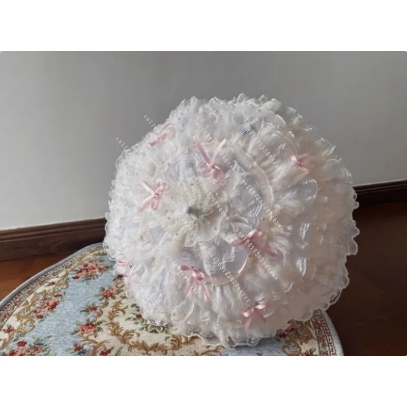 

Lace Trim Wedding Photography Parasol Handmade Gothic Lolita Umbrella with Dark Feathers