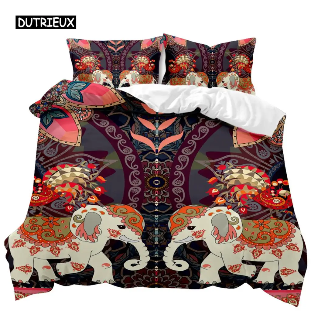 

Boho Elephant Duvet Cover Set Bohemian Mandala Elephant Bedding Set Safari Animal Indian Exotic Queen King Polyester Quilt Cover