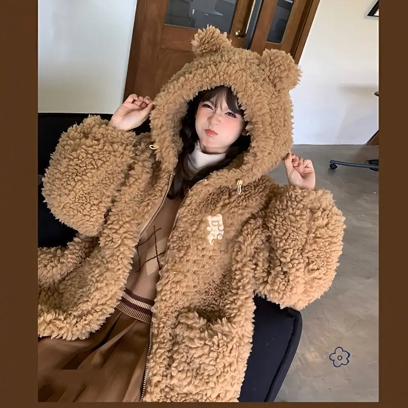 

Japan Winter Lamb Velvet Thickened Live Sleeve Two-Wear Coat Cute Furry Coat Winter Furry Cotton Coat