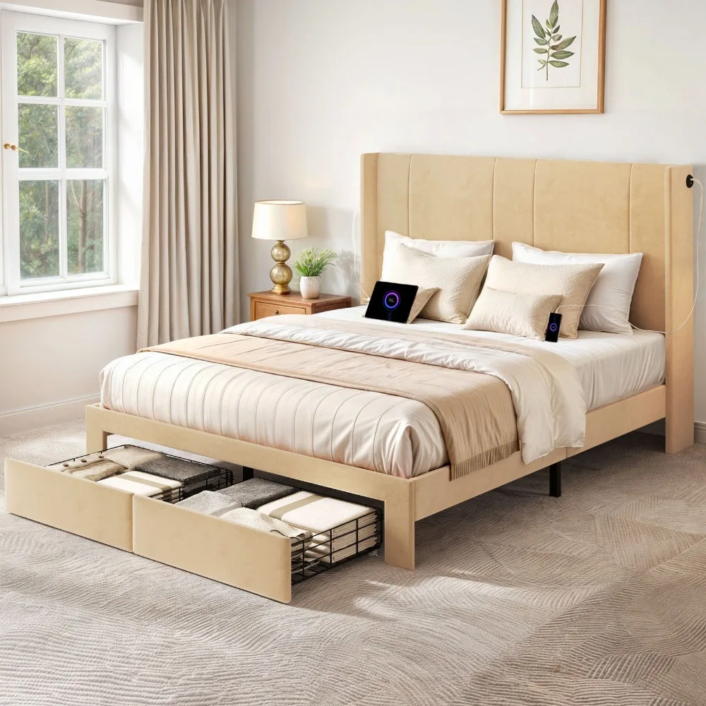 

Queen Size Storage Bed Frame Upholstered Headboard w/ Platform 2 Drawers