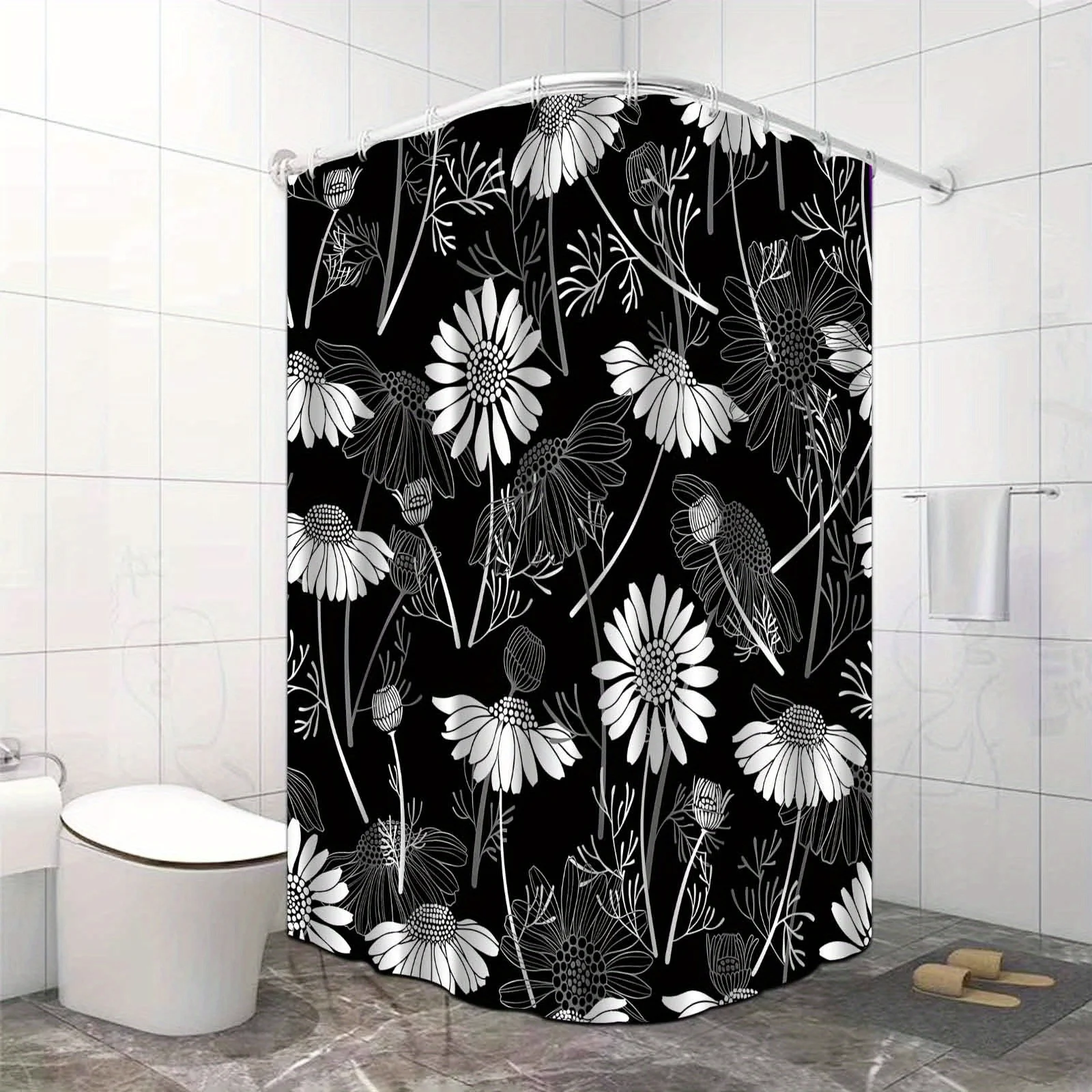 A Luxurious Black And White Daisy Design Shower Curtain, Perfect for Enhancing Your Bathroom Decor