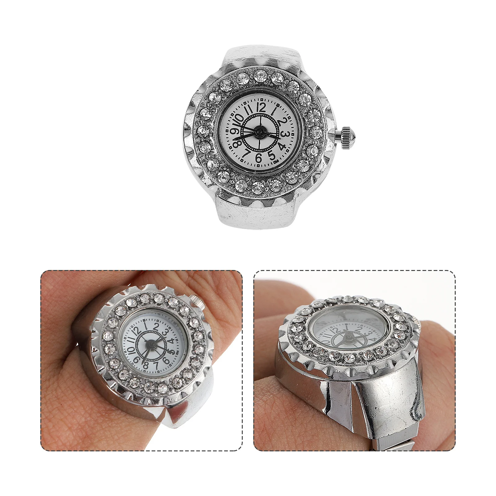 

Decorative Ring Watch Round Dial Diamond Watches for Women Finger Silver Zinc Alloy