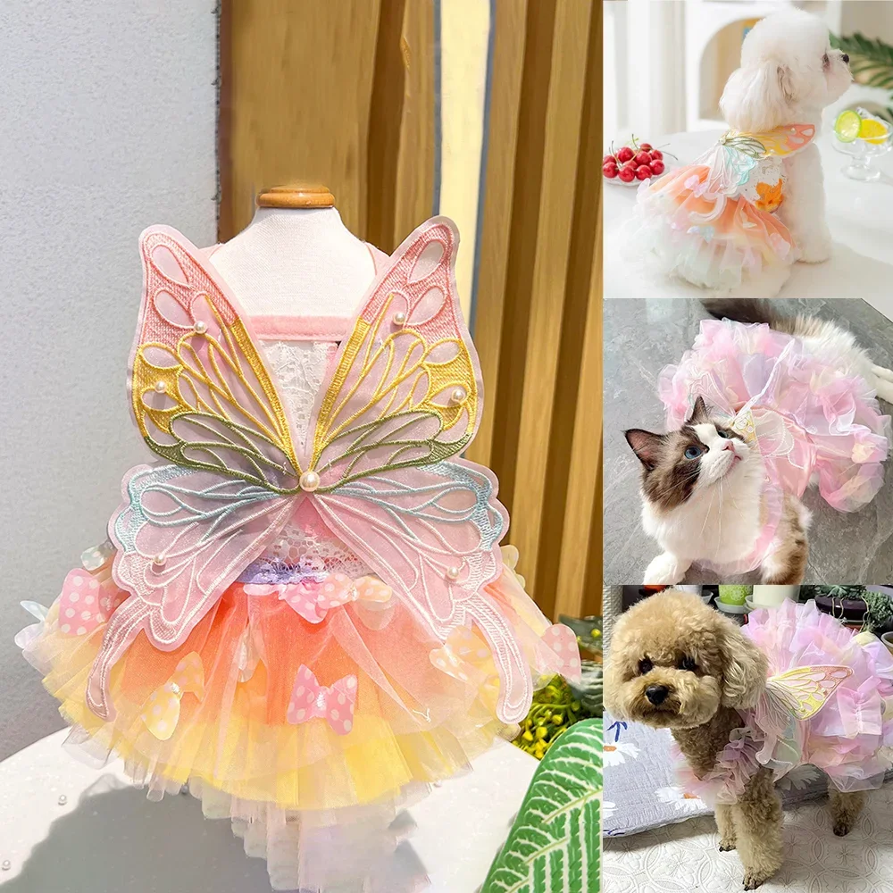 Butterfly Princess Dress Pet Dog Clothes Sweet Clothes Cat Fairy Wedding Dress Super Cute Chihuahua Soft Print Pink Girl Mascot