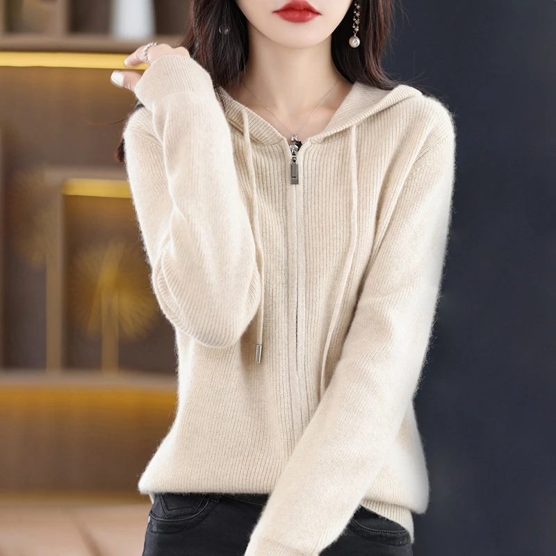 Autumn And Winter Cashmere Hooded Cardigan Women Solid Color  Loose Hoodie zipper Cardigan Knitted Cashmere Sweater Coat