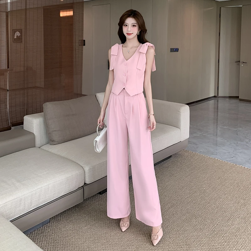 Insozkdg Belt Decorative Sleeveless Bow Tie Tie Vest Casual Wide Leg Pants Two Piece Elegant Women Pant Suit Office Outfits Sets