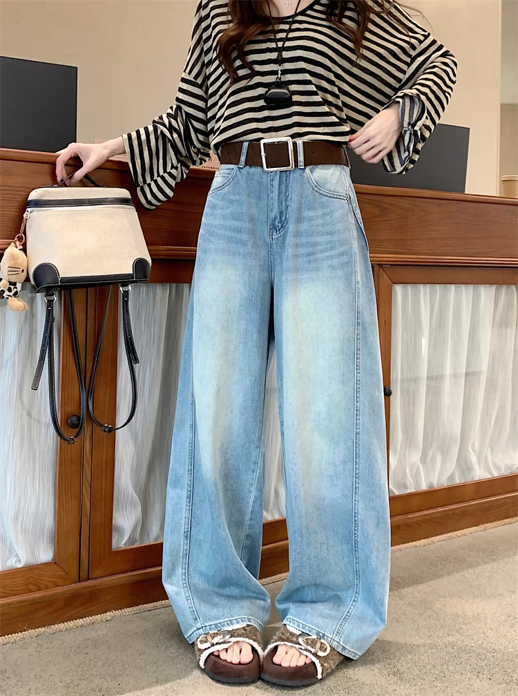 하이웨이스트 와이드 레그 진 여성 캐주얼 다용도 루즈핏 스트레이트 컷 나이프 팬츠 한국 스타일 봄 가을 겨울