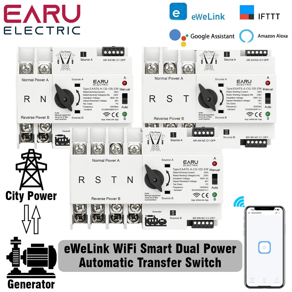 eWeLink WiFi Smart Dual Power Automatic Transfer Electrical Selector Switch Uninterrupted Power Supply 2/3/4P AC 230V 125A ATS