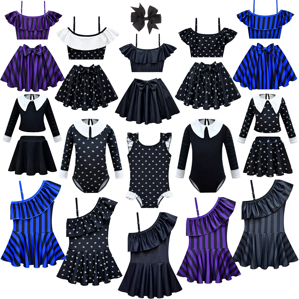 Summer Beach Girls Wednesday Swimsuit Addams Family Clothing Set Holiday Party Gothic Style Child Black Floral Striped Swimwear