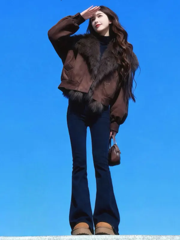 

Retro Coffee Brown Fur Collar Cotton Jaet Ele Unique Small Quilted Vest Long Sve Collar Pure Color Winter Coat